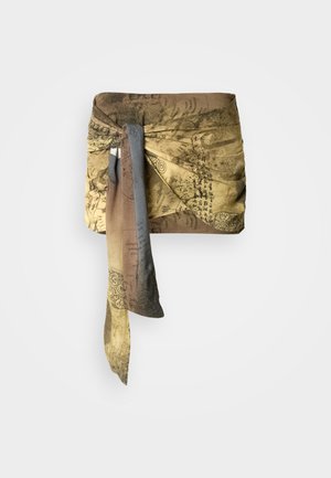 Silk scarf with abstract map print, featuring brown and gold tones, tied at one side. Texture appears smooth with a flowing design.