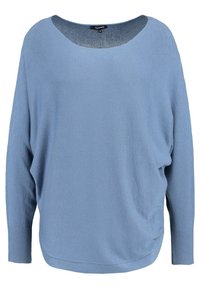 Hellblauer, locker sitzender Pullover mit weitem Rundhalsausschnitt, langen Ärmeln und gerippten Bündchen. Weiche Textur mit einem subtilen Strickmuster.