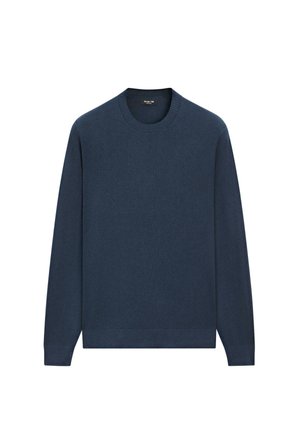 Marineblauer Pullover aus weichem Stoff, mit Rundhalsausschnitt, langen Ärmeln sowie gerippten Bündchen und Saum. Kein Muster oder Akzente vorhanden.