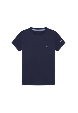 Granatowy T-shirt z krótkim rękawem z małym białym logo skrzyżowanych wioseł na piersi oraz napisem „HACKETT” na lewym rękawie.