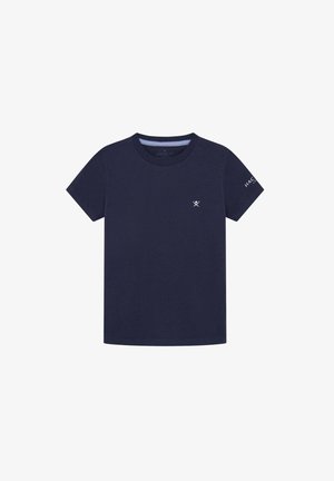 Marineblå kortærmet T-shirt med lille hvidt krydset årer-logo på brystet og "HACKETT" tekst på venstre ærme.