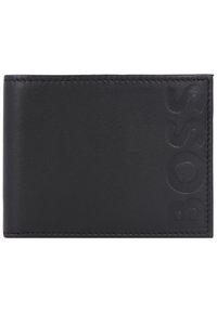 Čierna kožená peňaženka s reliéfom loga, hladkým povrchom, kontrastným prešívaním a minimalistickým designom. Má bi-fold štruktúru.