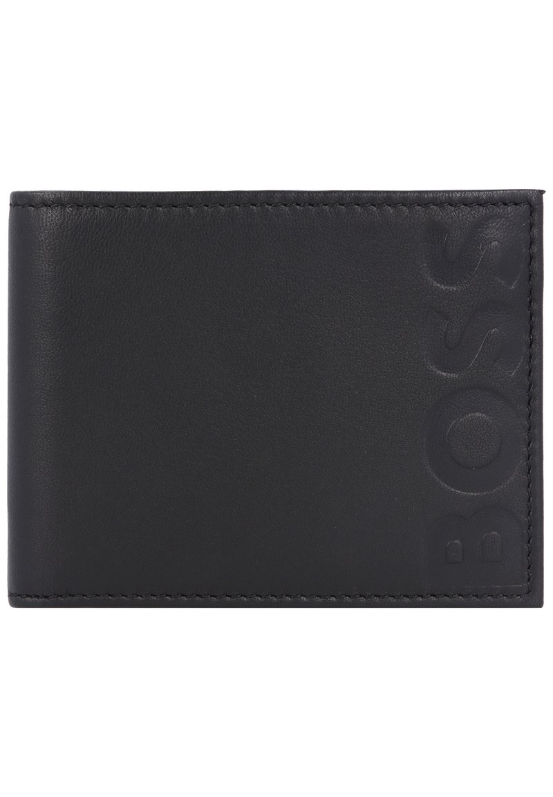 Čierna kožená peňaženka s reliéfom loga, hladkým povrchom, kontrastným prešívaním a minimalistickým designom. Má bi-fold štruktúru.