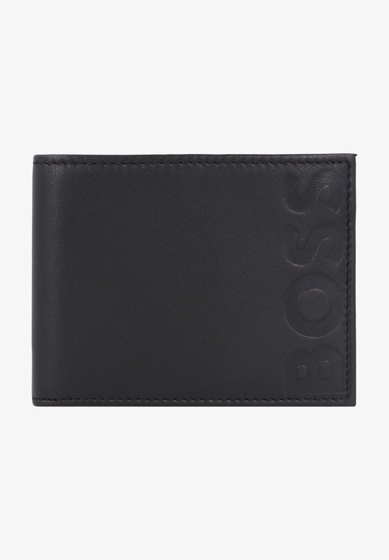 Black leather wallet with embossed logo, smooth texture, contrasting stitching, and minimalist design. Features a bi-fold structure.