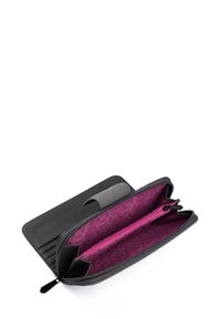 Black leather wallet featuring a gray flap and a bright pink interior. Includes card slots and a zippered compartment for coins.
