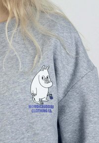 Harmaa huppari, jossa on sarjakuvahahmo, joka pitelee kukkaa, ja alla on violetilla kirjoitettu "NORDICBUDDIES CLOTHING CO."