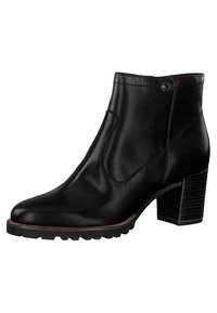 Bottine en cuir noir avec un talon bloc empilé, bout rond, détails de couture sur le côté et semelle crantée en caoutchouc.