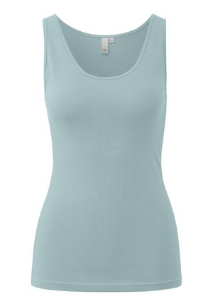 Lichtblauw tanktopje gemaakt van zacht, glad stof met een ronde halslijn, standaard armsgaten en een aansluitende pasvorm. Label bevestigd bij de nek.