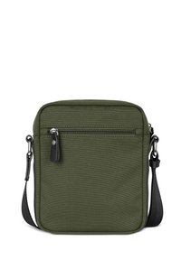 Borsa a tracolla verde oliva realizzata in tessuto resistente, con tasca frontale con zip, tracolla regolabile e texture liscia.