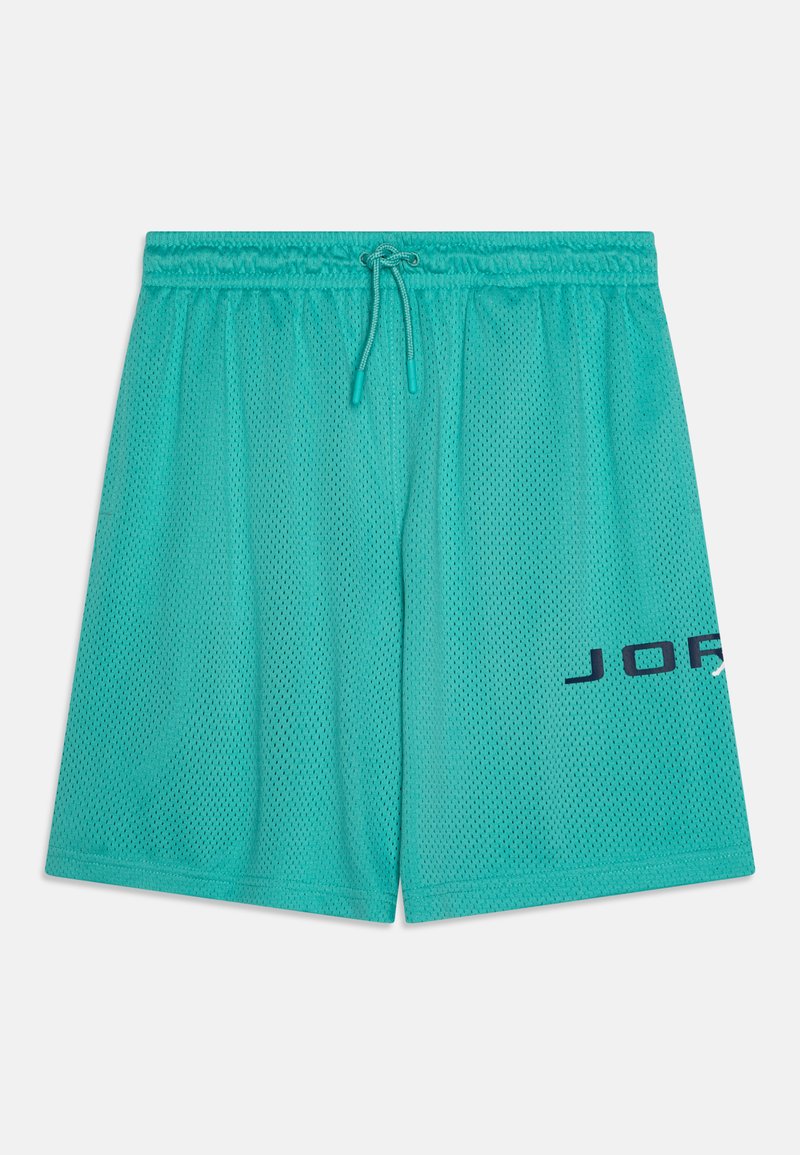 Αqua δίχτυ σορτς με ελαστική μέση και ρυθμιζόμενο κορδόνι· έχει το λογότυπο "JORDAN" τυπωμένο σε ναυτικό μπλε σε ένα πόδι.