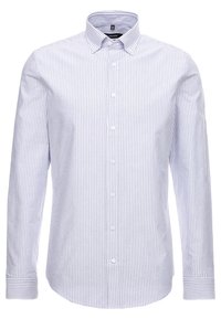 Langarmoverhemd met dunne verticale blauw-witte strepen en een puntige kraag.