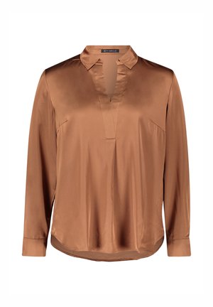 Braune Satin-Hemd mit langen Ärmeln und Kragen, ausgestattet mit einem tiefen V-Ausschnitt und zwei Seitentaschen. Glatte Textur und lockere Passform.