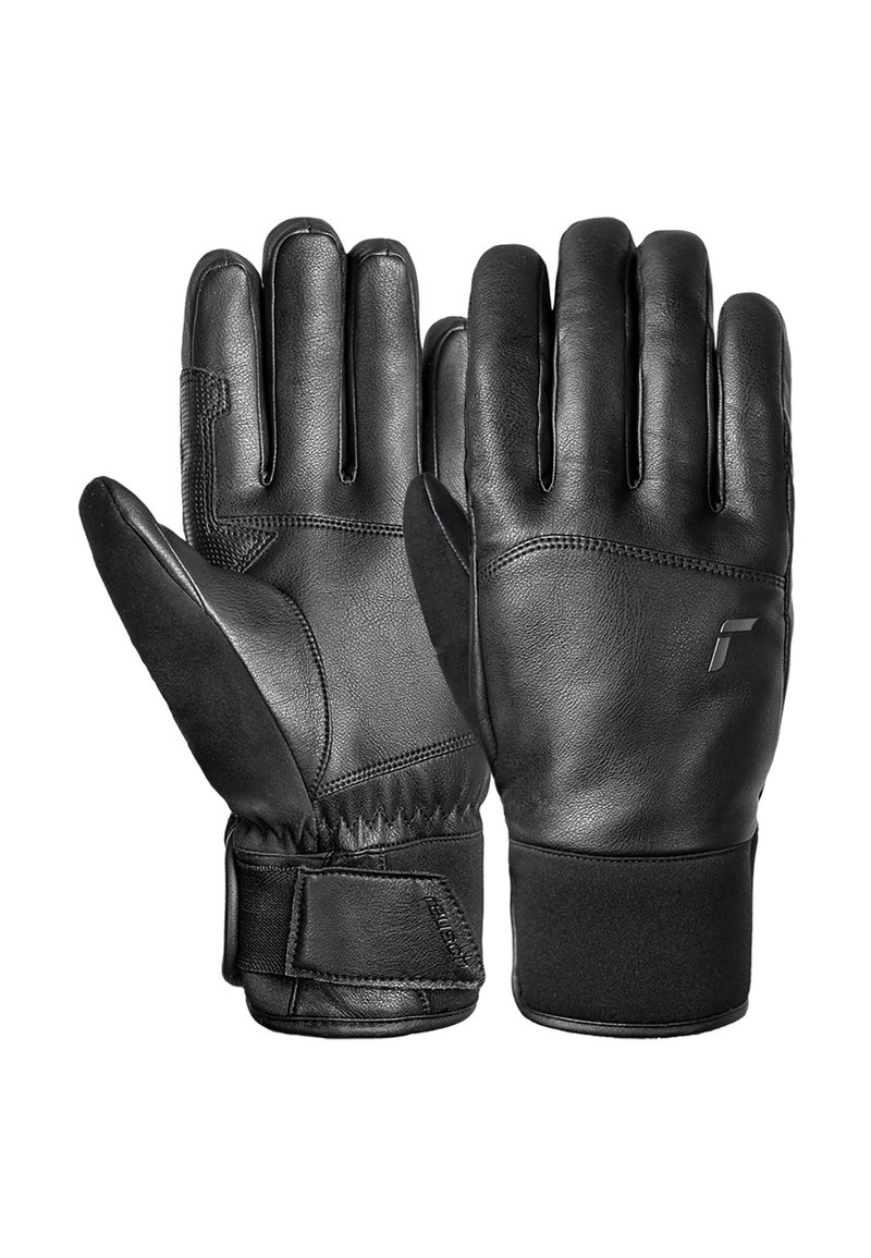 Black leather gloves with a smooth texture, fitted wrist cuffs, and reinforced stitching. Features a subtle logo on the palm.