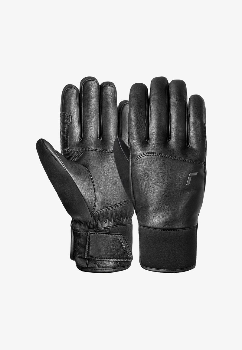 Black leather gloves with a smooth texture, fitted wrist cuffs, and reinforced stitching. Features a subtle logo on the palm.