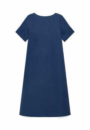 Robe bleu marine à manches courtes, coupe trapèze, col rond et manches retroussées, design uni, présentée à plat sur fond blanc.