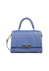 Borsa blu in pelle effetto coccodrillo con un design strutturato, manico superiore e tracolla rimovibile con dettaglio in metallo dorato.