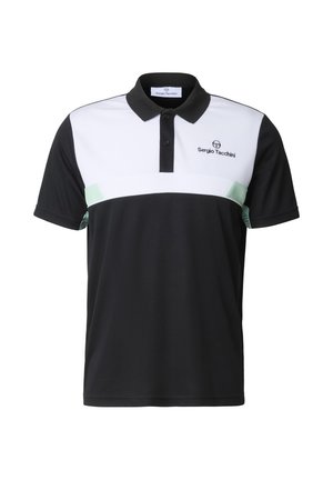 Černobílé polo tričko s mátově zelenými doplňky, krátkými rukávy, černým límečkem, tříknopkovou légou a logem Sergio Tacchini na hrudi.