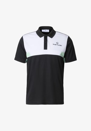 Musta-valkoinen poolopaita mintunvihrein korostuksin, lyhyet hihat, musta kaulus, kolmen napin nappilista ja Sergio Tacchinin logo rinnassa.