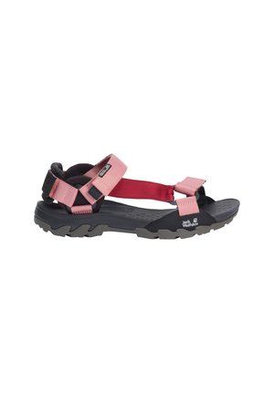 Sandaletto da esterno con suola nera e cinturini regolabili rosa, con plantare testurizzato e logo Jack Wolfskin sul lato.