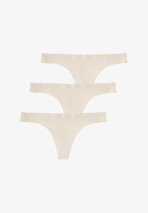 Ensemble de trois culottes thong beige clair. Tissu lisse avec une taille fine et une couverture arrière minimale. Design simple, sans motifs ni accents visibles.