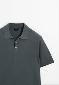 Polo shirt a maniche corte in tessuto ribbed grigio scuro, con colletto, patta con tre bottoni e una trama sottile.
