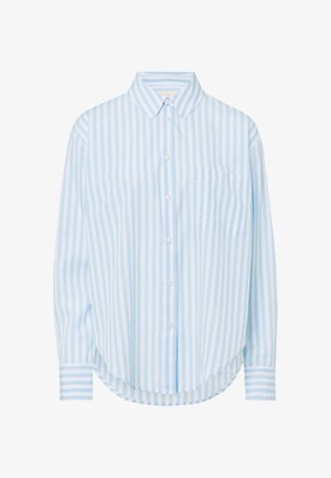 Niebieska i biała w paski koszula z guzikiem, z kołnierzykiem, jedną kieszonką na piersi, długimi rękawami i zaokrąglonym dołem. Wykonana z miękkiego materiału.