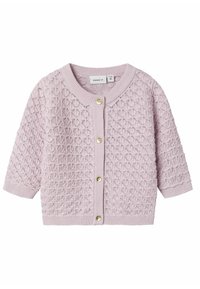Cardigan lavorato a maglia rosa chiaro caratterizzato da un motivo a diamante testurizzato, polsini a costine e chiusura frontale con bottoni decorativi.