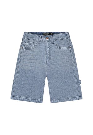 Lichtblauwe denim shorts met voorzakken, riemlussen, een knoopsluiting en een kleine zijlus aan de rechterbroekspijp.