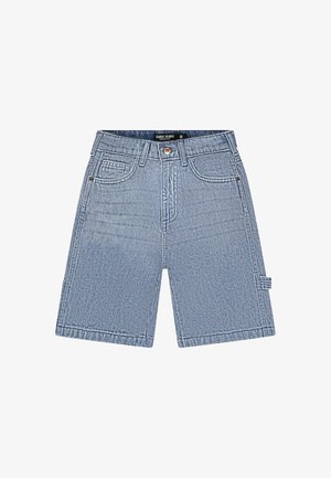 Lichtblauwe denim shorts met voorzakken, riemlussen, een knoopsluiting en een kleine zijlus aan de rechterbroekspijp.