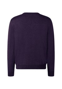 Lila Strickpullover mit langen Ärmeln, einem runden Ausschnitt und einem gerippten Saum. Die Textur wirkt weich und glatt, mit einem subtilen Muster.