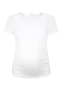 Witte korte mouwen zwangerschapsblouse met een ronde hals. Zacht materiaal met geplooide zijnaad voor comfort en rek. Eenvoudig ontwerp, zonder patronen.