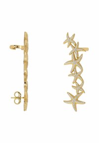 Gold statement earrings featuring starfish-shaped designs adorned with clear rhinestones. Textured surface with intricate detailing.