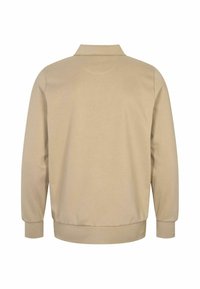 Sweat-shirt beige à manches longues avec col, poignets côtelés et ceinture côtelée, vu de dos sur fond blanc.