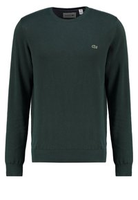 Dunkelgrüner Langarm-Pullover mit Rundhalsausschnitt, gerippten Bündchen und Saum, mit einem kleinen grünen Krokodil-Logo auf der linken Brust.