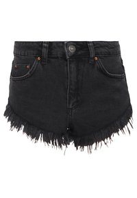 Svarta denimshorts med fransade kanter, framknapp, dragkedja, bältesömmar och femficksdesign.