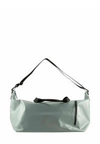 Hellgrüner wasserdichter Duffle Bag mit matter Oberfläche, ausgestattet mit einer schwarzen Reißverschlusstasche und einem verstellbaren schwarzen Riemen für ein einfaches Tragen.