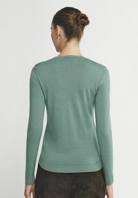 Langärmliger Pullover aus weichem grünen Stoff. Verfügt über einen runden Ausschnitt, eine schmale Passform sowie gerippte Bündchen und Saum. Glatte Textur mit subtilem Glanz.