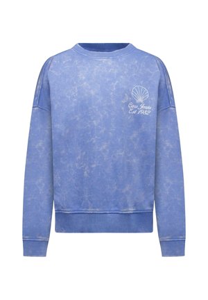 Blauwe crewneck-trui met een gestructureerde, vervaagde uitstraling. Voorzien van een witte schelpafbeelding en de tekst "Cans Jeans Est 1982" op de voorkant.