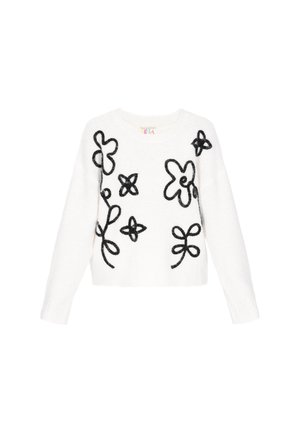 Hvid sweater med sorte blomster- og svulmønstre, strikket tekstur, rund halsudskæring og lange ærmer.