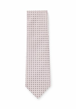 Hellrosa Krawatte mit einem sich wiederholenden Muster aus kleinen dunklen geometrischen Formen, die in einem Raster angeordnet sind.