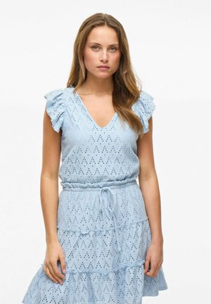 Light blue dress with short ruffled sleeves, a V-neck, and tiered design. Features patterned eyelets and a cinched waist with a drawstring.