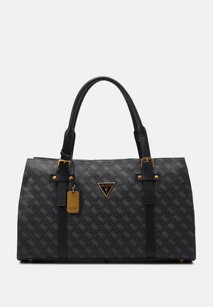 Svart handväska i belagd tyg med en texturerad logotypmönster, guldiga detalj accenter och dubbla topphandtag. Inkluderar en logotagg.