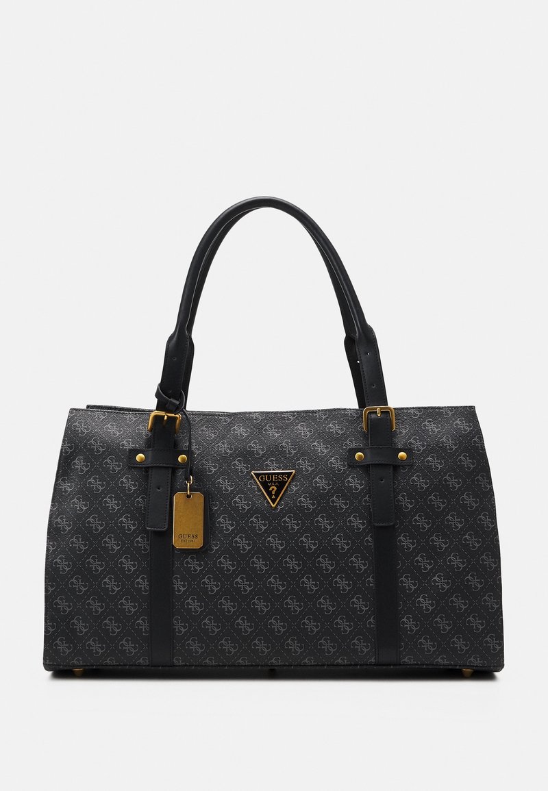 Borsa nera in tessuto plastificato, con un motivo testurizzato del logo, dettagli in oro e doppi manici superiori. Include un'etichetta con il logo.
