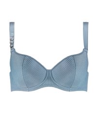 Jasnoniebieski biustonosz z ryflowanym wzorem, wsparciem w postaci fiszbin i regulowanymi ramiączkami. Posiada metalowe akcenty na ramiączkach.