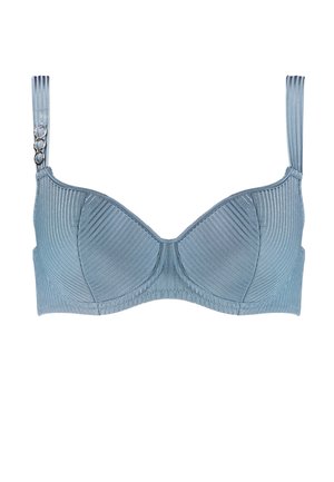 Jasnoniebieski biustonosz z ryflowanym wzorem, wsparciem w postaci fiszbin i regulowanymi ramiączkami. Posiada metalowe akcenty na ramiączkach.