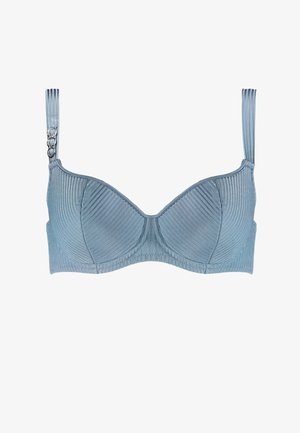 Jasnoniebieski biustonosz z ryflowanym wzorem, wsparciem w postaci fiszbin i regulowanymi ramiączkami. Posiada metalowe akcenty na ramiączkach.