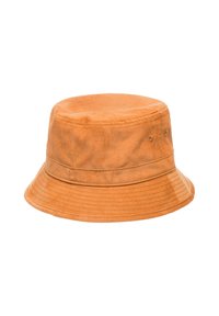 Orange corduroy bucket hat with a wide brim, featuring vertical ribbed texture and two small ventilation grommets on the side.
