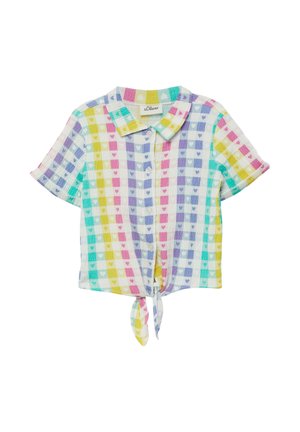 Koszula z krótkim rękawem na guziki w pastelowy, tęczowy wzór w kratkę z małymi serduszkami, z kołnierzykiem i przednim zawiązaniem.