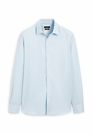 Light blue long-sleeve button-up shirt in a smooth fabric, featuring a classic collar and button front with evenly spaced white buttons.