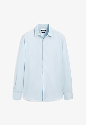 Ljusblå långärmad skjorta med knappfattning i ett mjukt tyg, med en klassisk krage och knappslå med jämnt fördelade vita knappar.